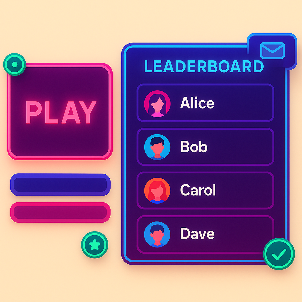 Lobby screenshot with neon UI and leaderboard
